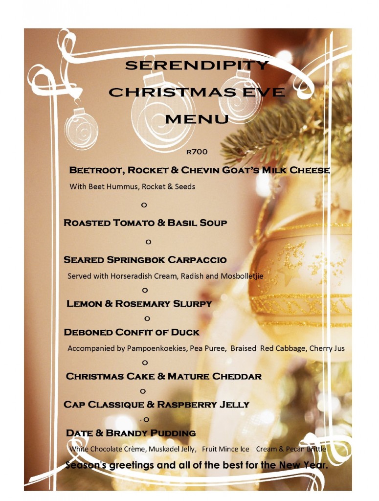 Christmas Eve Menu - Serendipity Restaurant Luxury Guest House Accommodation Wilderness